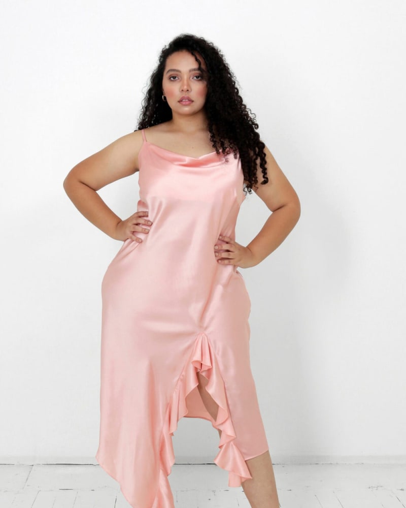 Front of a model wearing a size L (12/14) Isabella Satin Slip Dress in Copper Blush by LuvMeMore. | dia_product_style_image_id:266563